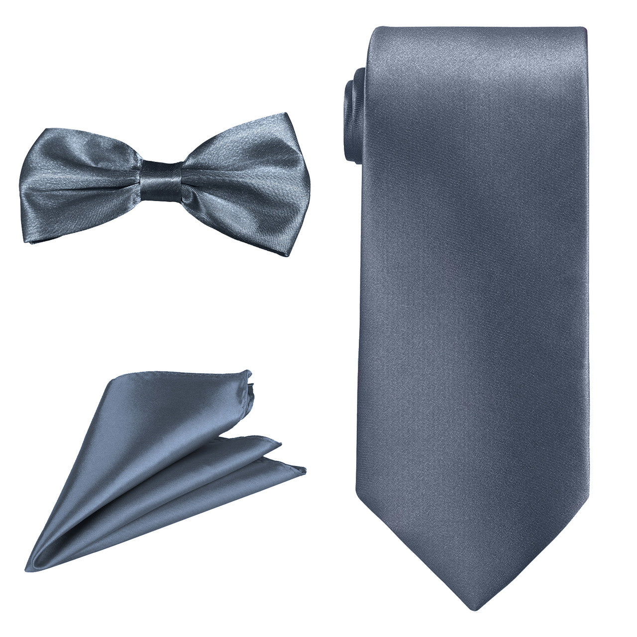 Men's Bow Tie, Neck Tie & Handkerchief Set - Light Grey