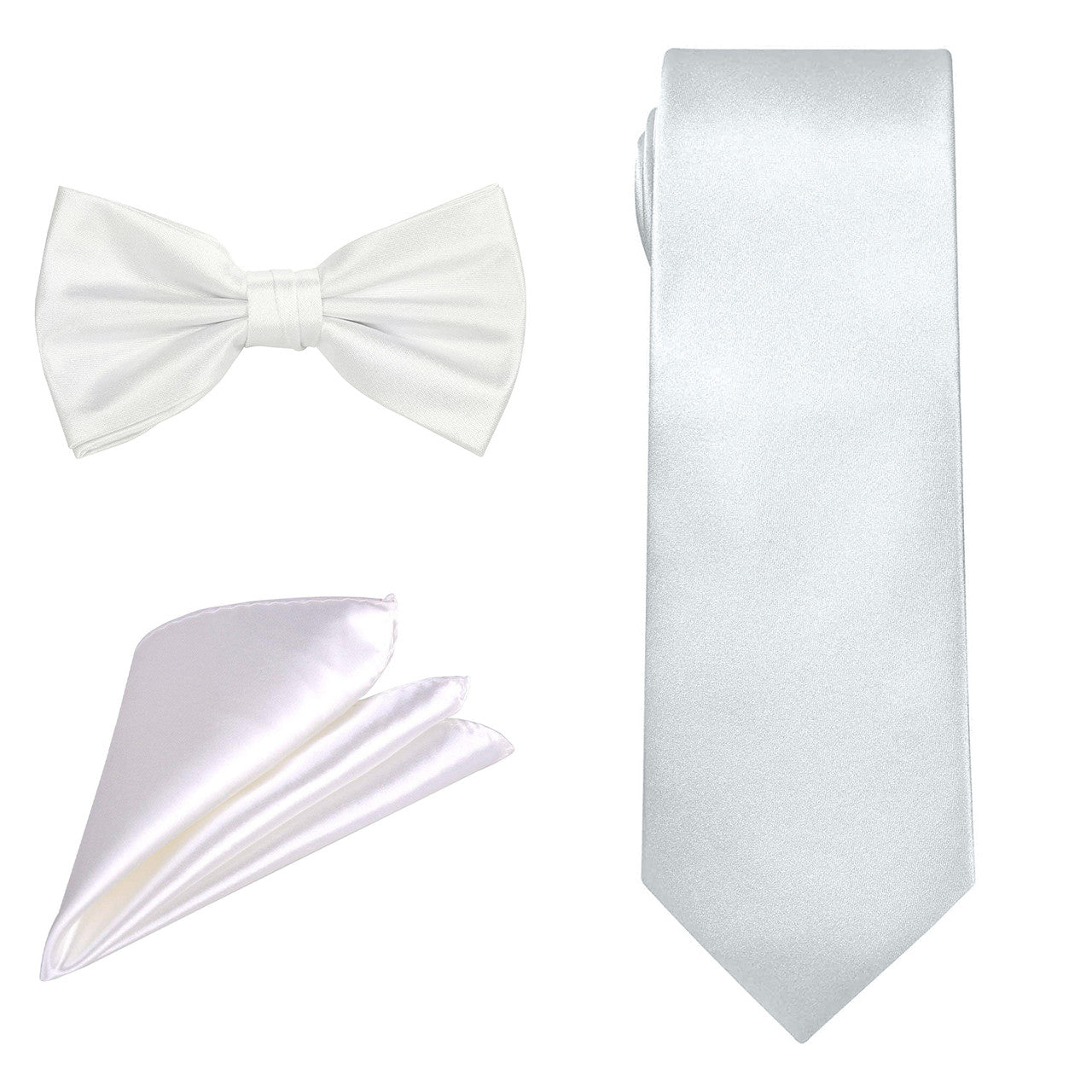 Men's Bow Tie, Neck Tie & Handkerchief Set - White