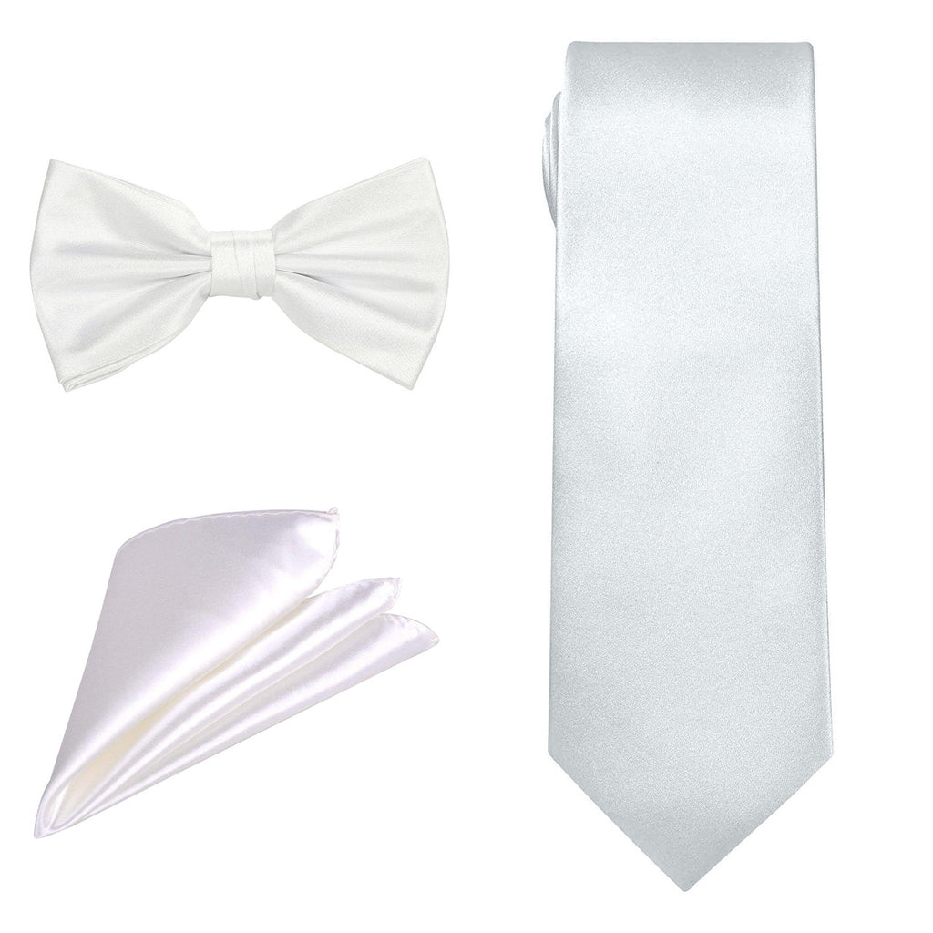 Men's Bow Tie, Neck Tie & Handkerchief Set - White