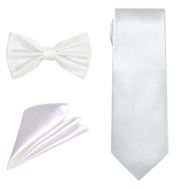 Men's Bow Tie, Neck Tie & Handkerchief Set - White