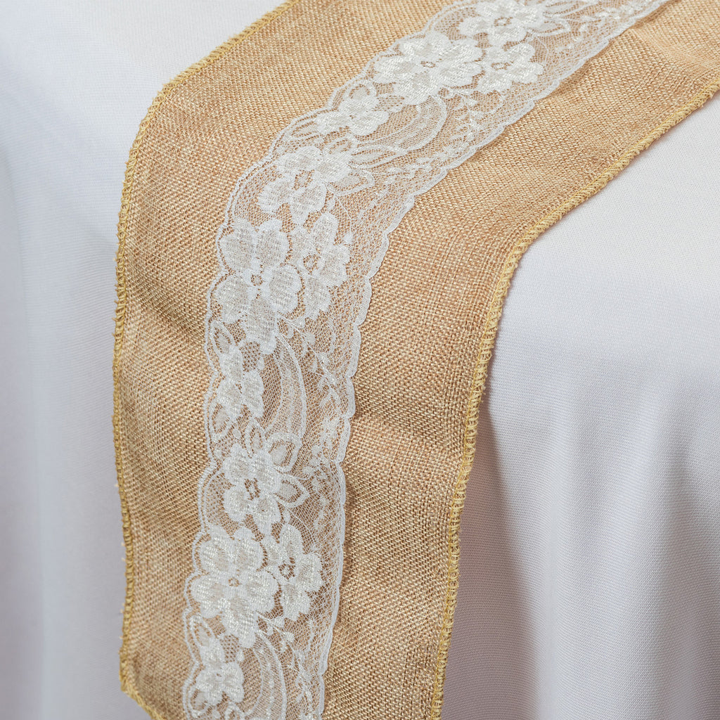 Plastic Tablecloth and Hesian Table Runner Set - White & Lace Hessian