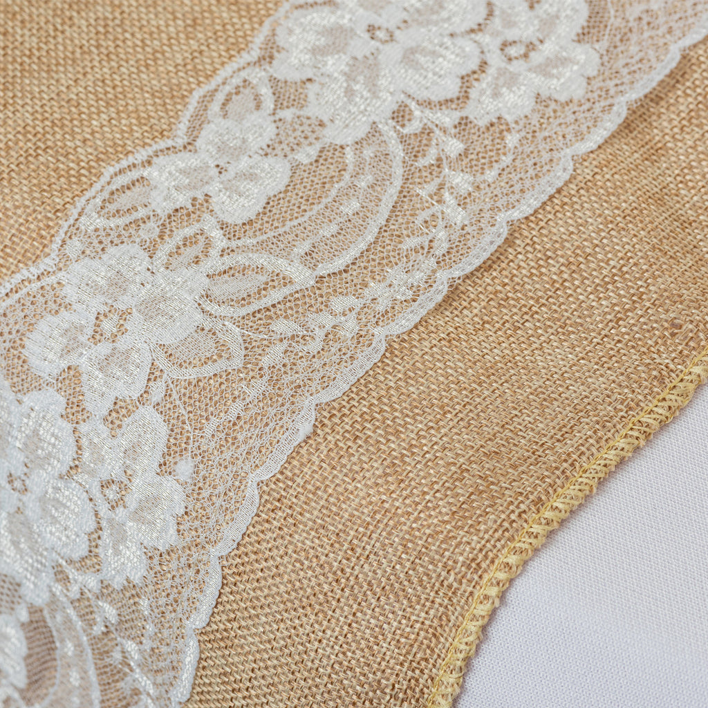 Plastic Tablecloth and Hesian Table Runner Set - White & Lace Hessian