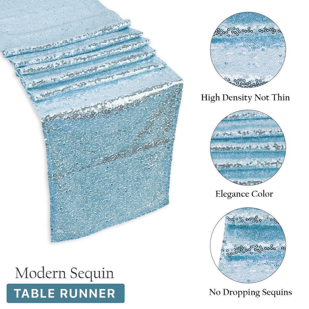 Rectangle Plastic Tablecloth and Sequin Table Runner -  White & Baby Blue
