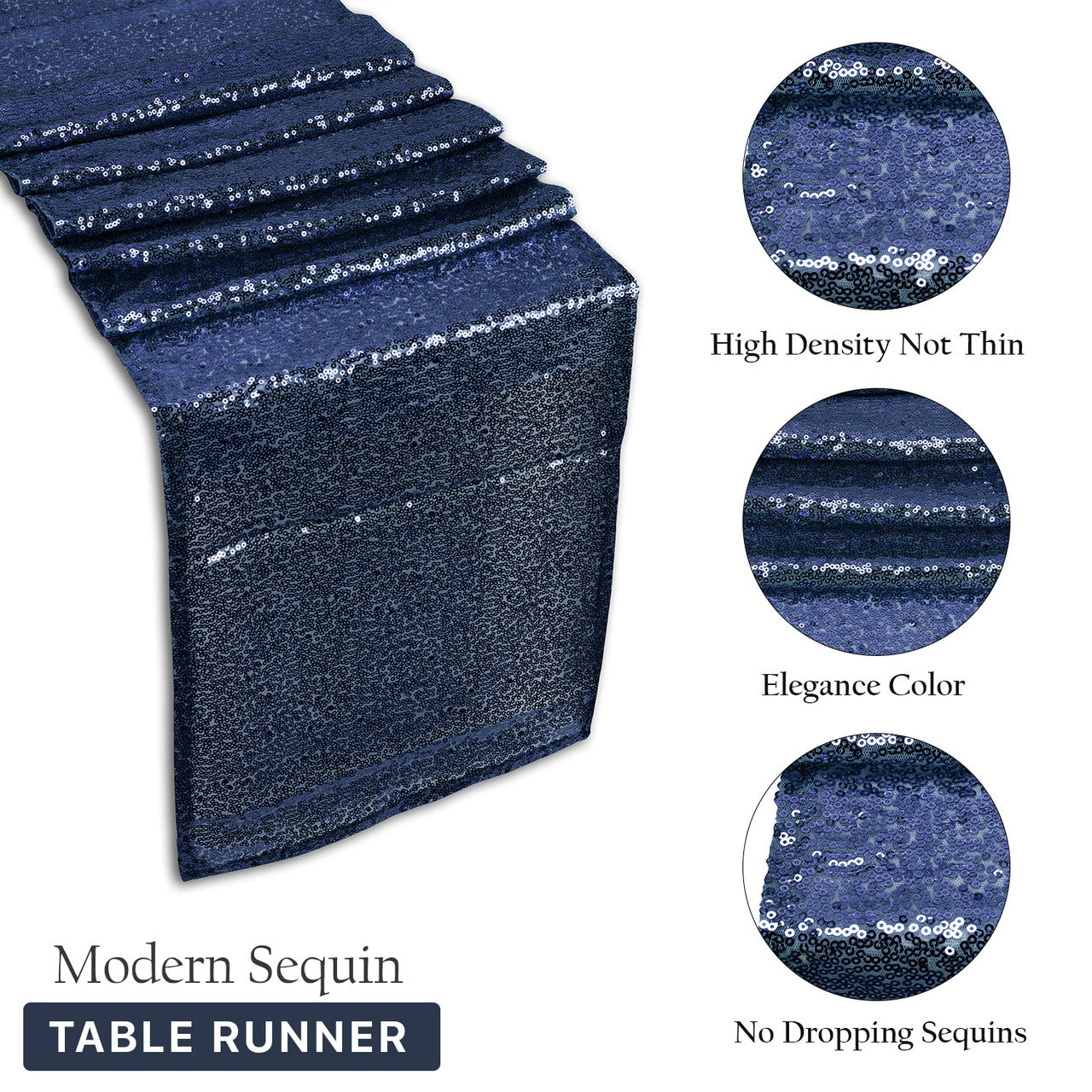 Rectangle Plastic Tablecloth and Sequin Table Runner - White & Navy Blue