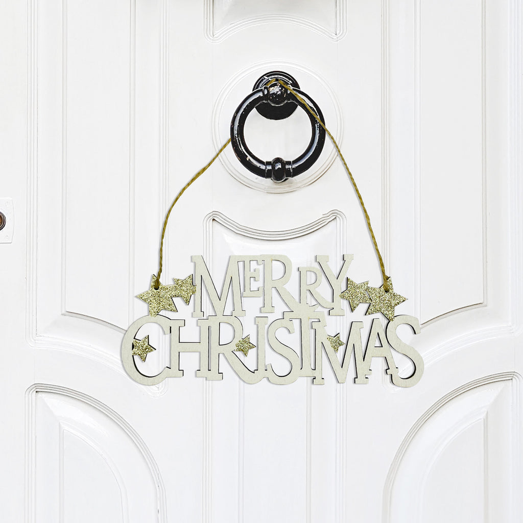 Merry Christmas Plaque Door Hanging Sign - Gold Glitter Star
