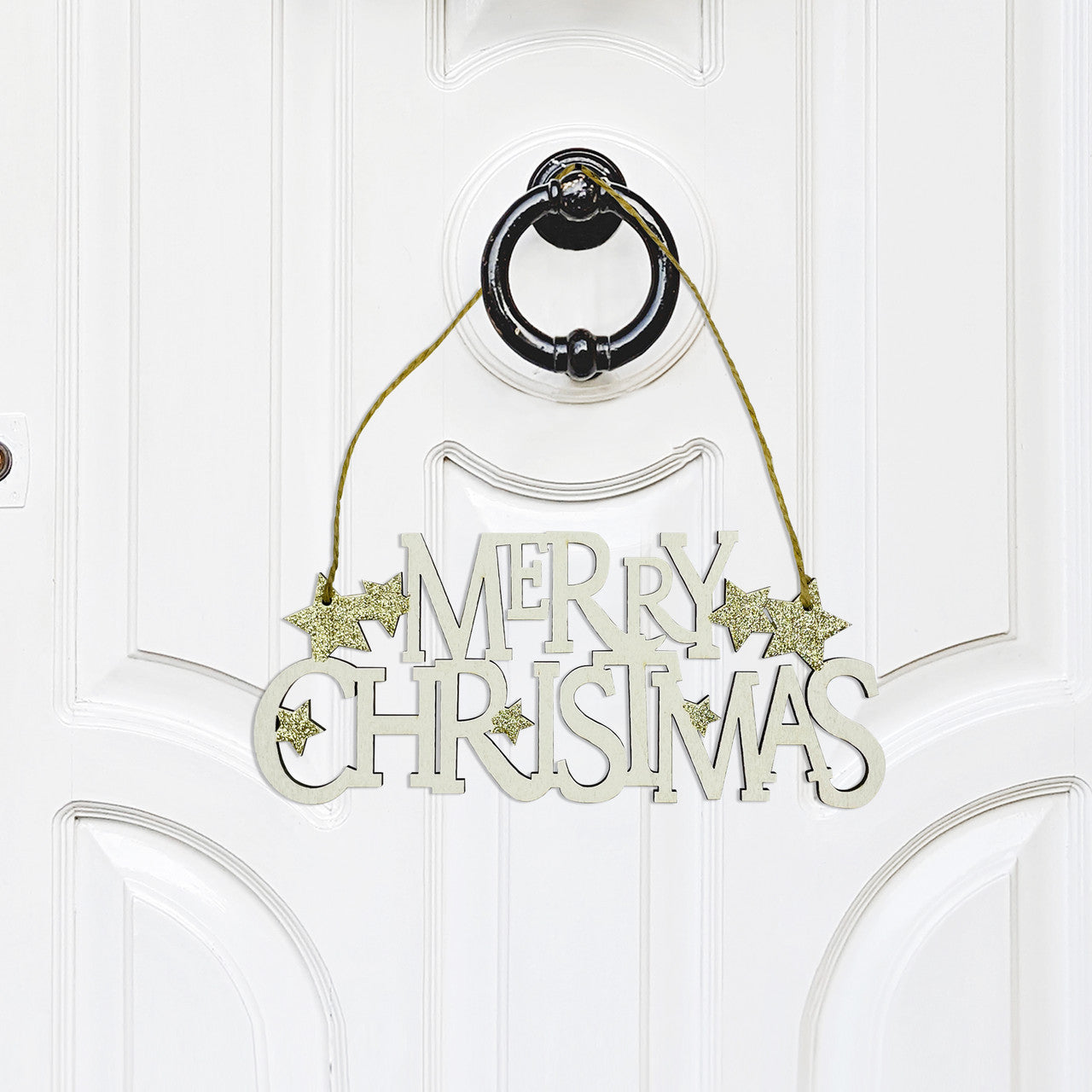 Merry Christmas Plaque Door Hanging Sign - Gold Glitter Star