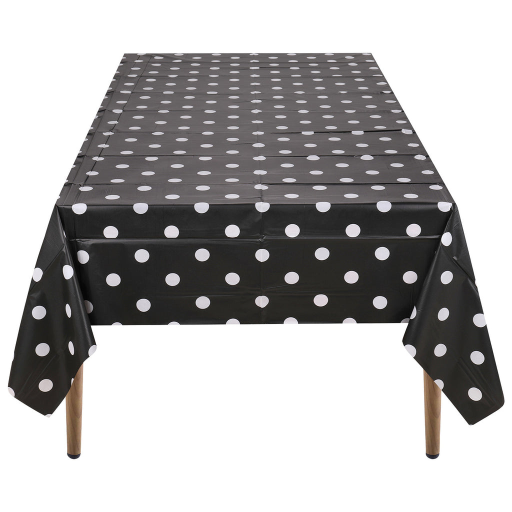 Rectangular Plastic Disposable Tablecloth - Black - White Polka Dot Print