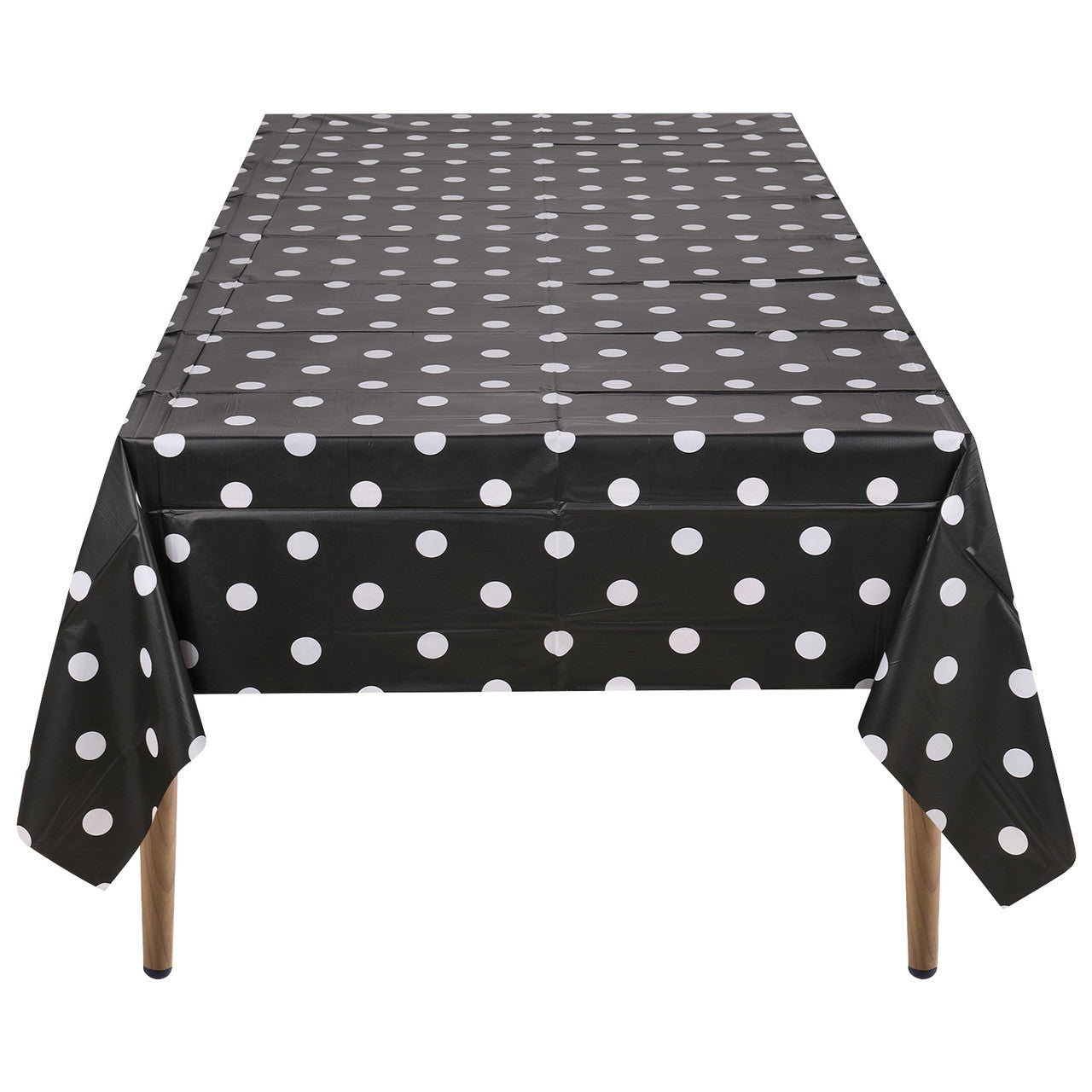 Rectangular Plastic Disposable Tablecloth - Black - White Polka Dot Print
