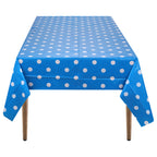 Rectangular Plastic Disposable Tablecloth - Blue - White Polka Dot Print