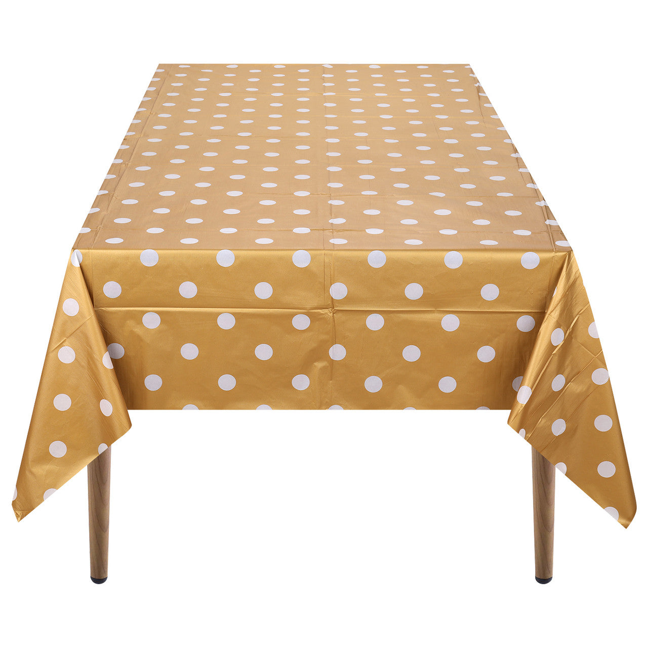 Rectangular Plastic Disposable Tablecloth - Gold - White Polka Dot Print