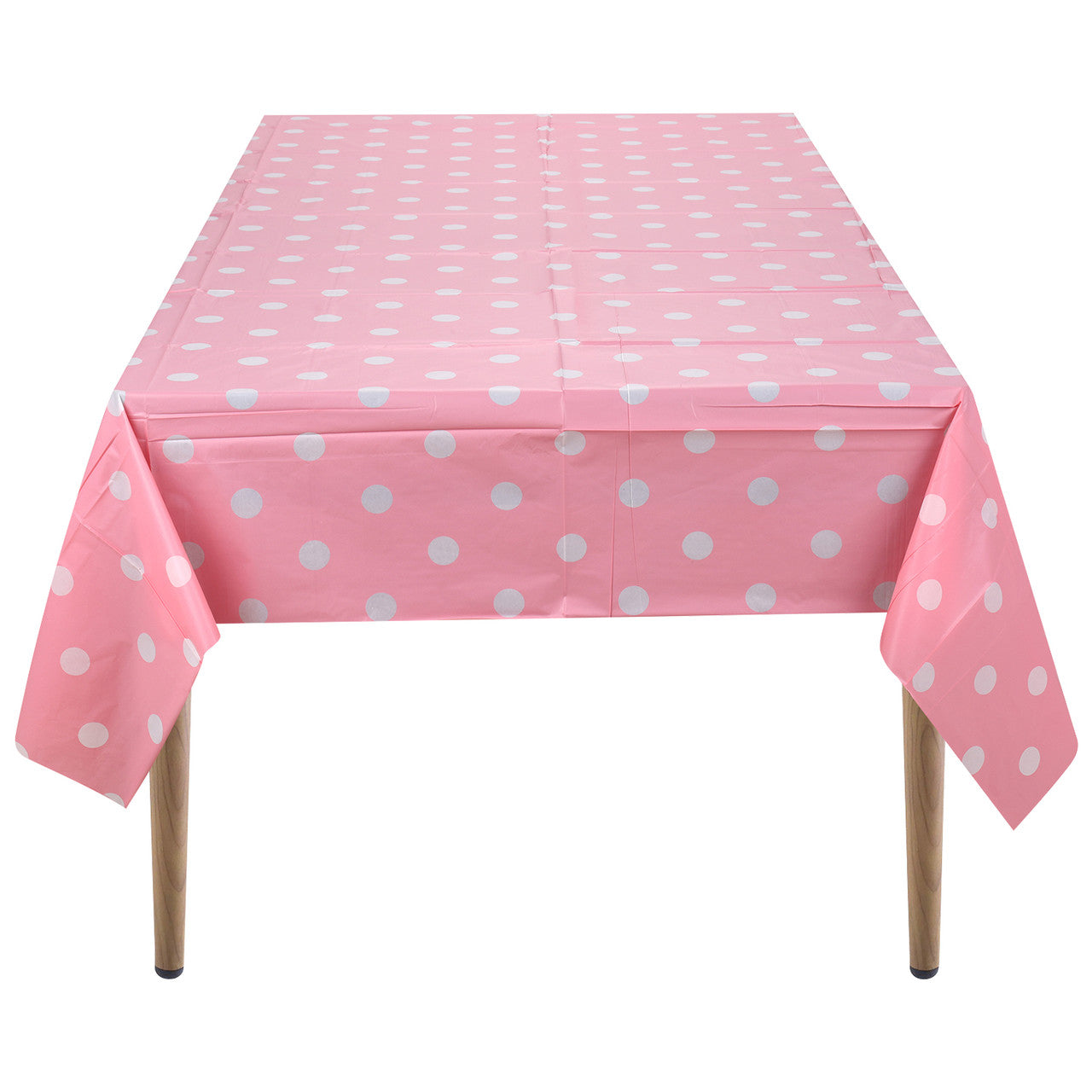 Rectangular Plastic Disposable Tablecloth - Pink - White Polka Dot Print