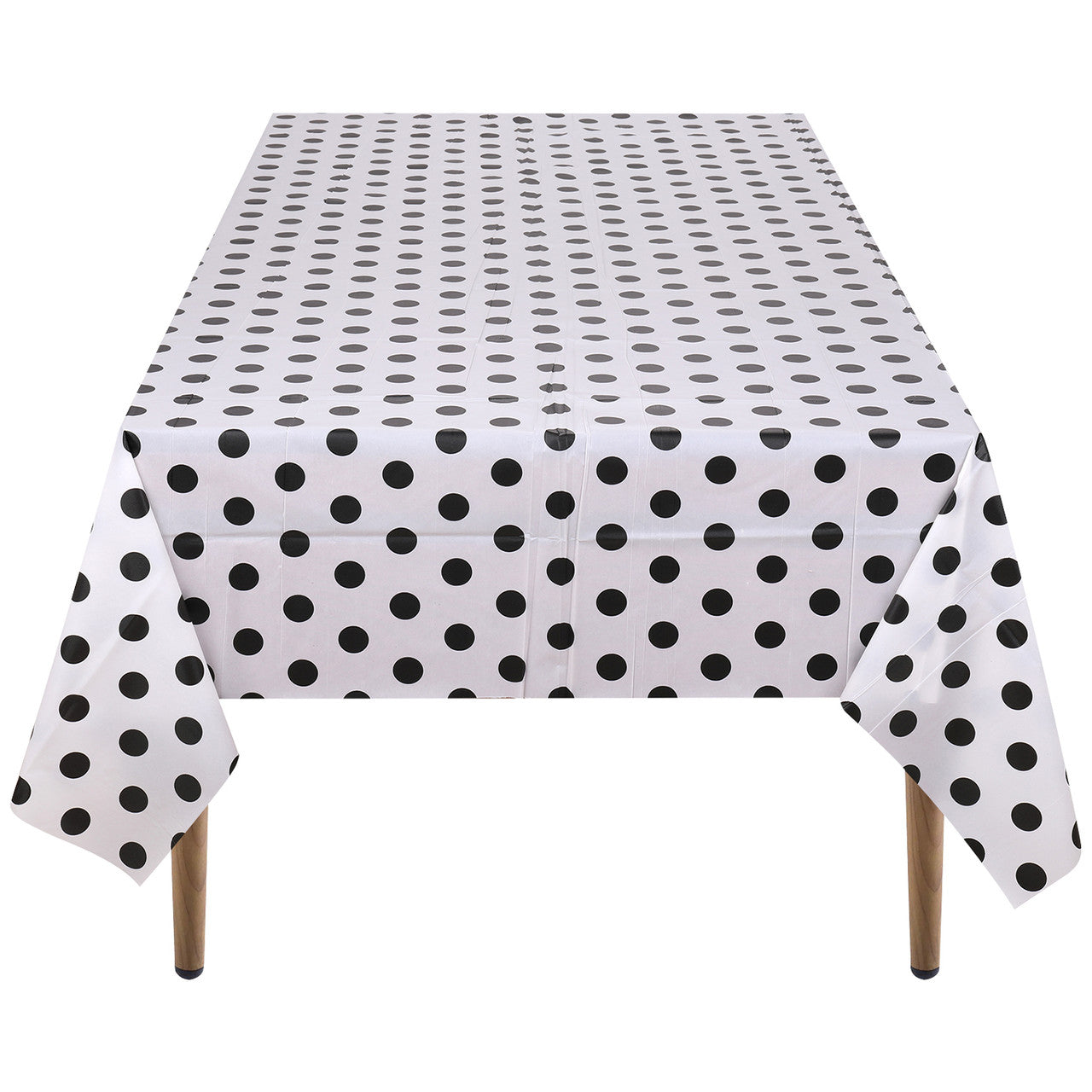 Rectangular Plastic Disposable Tablecloth - White - Black Polka Dot Print
