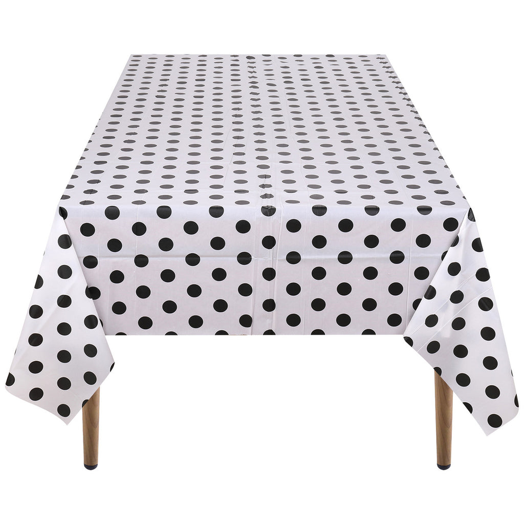 Rectangular Plastic Disposable Tablecloth - White - Black Polka Dot Print