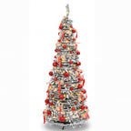 6ft Pop-Up Silver Christmas Tree with 150 Warm White LED Lights, Red Baubles & Festive Bows
