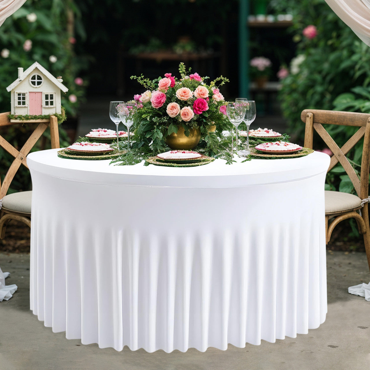 60" Round Spandex Tablecloth with Skirt - White