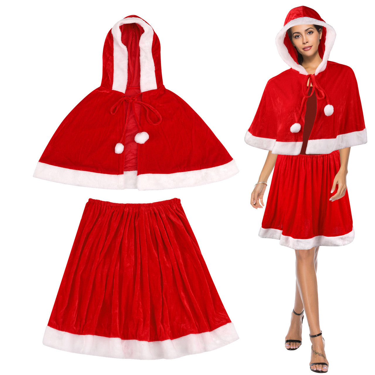 Velvet Santa Costume Set – Mrs. Claus Hooded Cape & Skirt