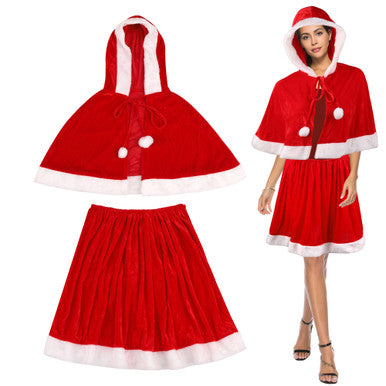 Velvet Santa Costume Set – Mrs. Claus Hooded Cape & Skirt