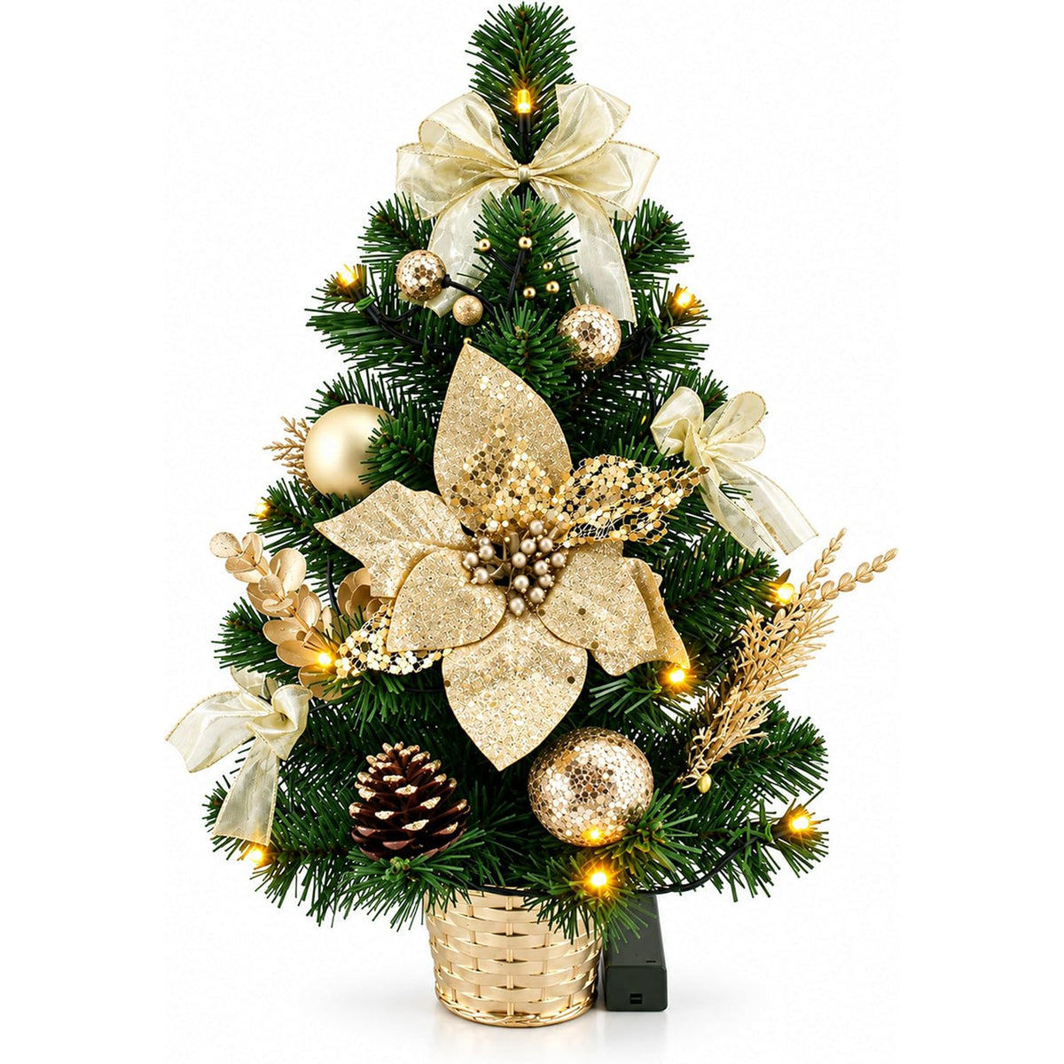 Decorated Table Top Christmas Tree with Red or Gold Poinsettia & LED Lights
