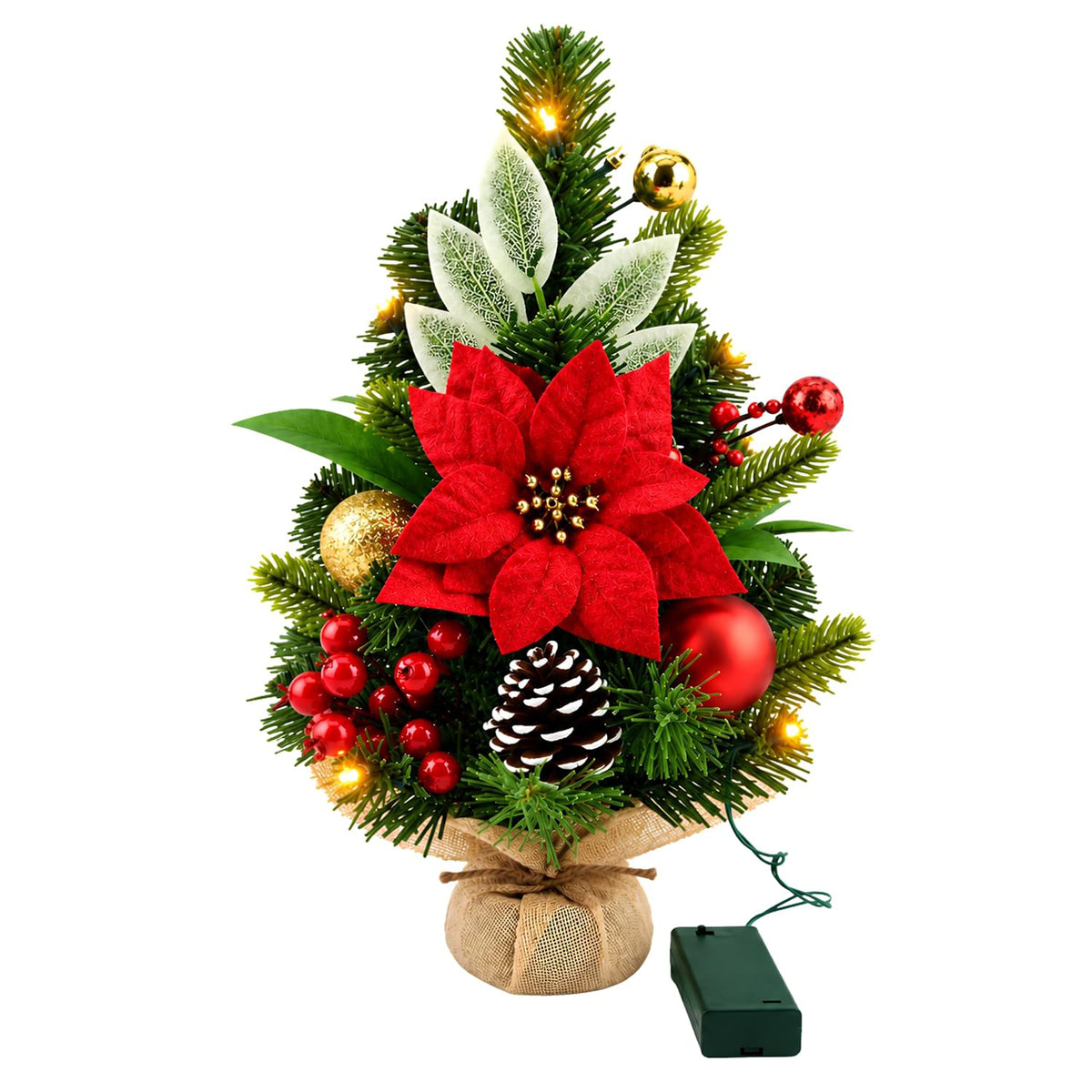 Decorated Table Top Christmas Tree with Red or Gold Poinsettia & LED Lights