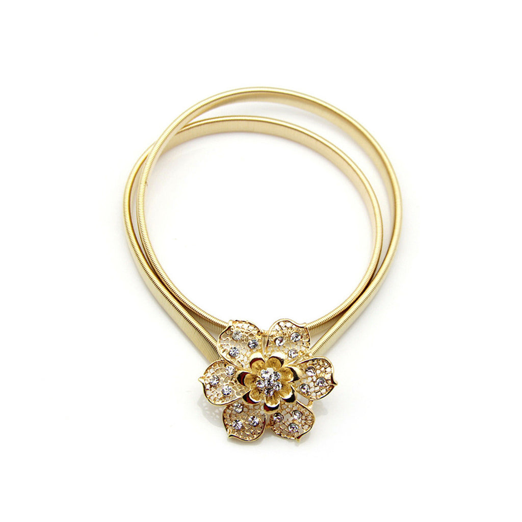 68cm Stretchy Belt with Flower Buckle - Gold