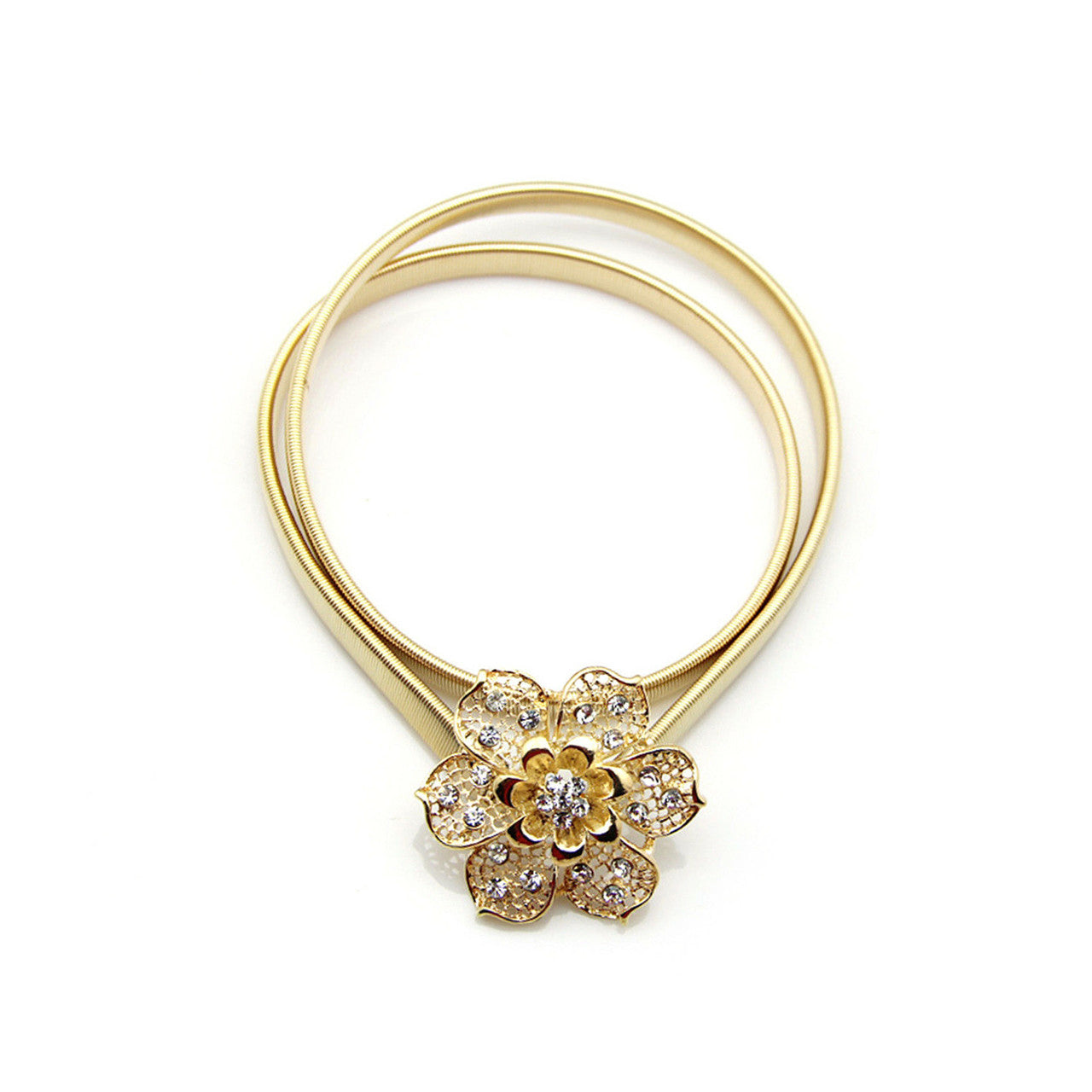 68cm Stretchy Belt with Flower Buckle - Gold