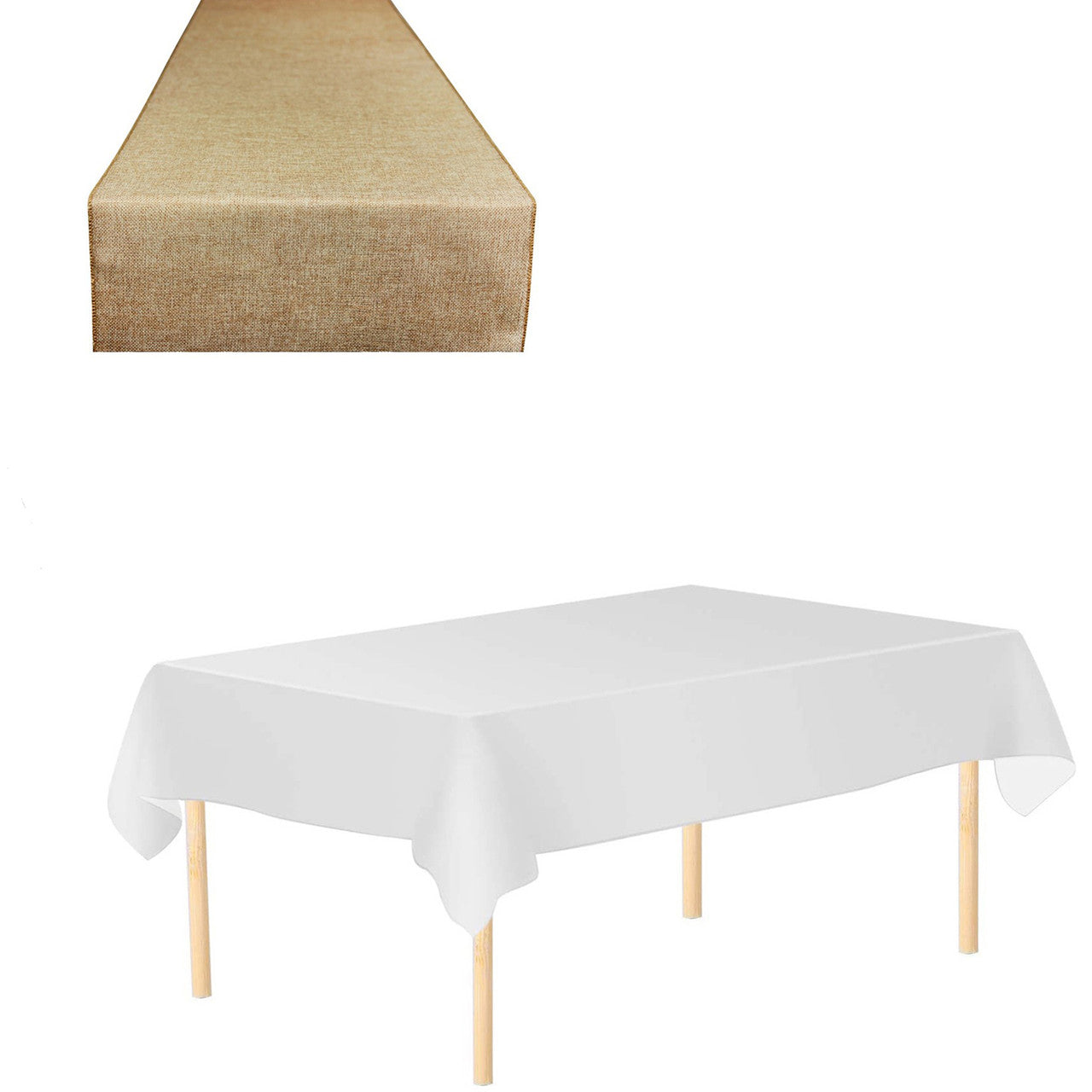 Plastic Table Cloth And Beige Hessian Runner Set  - 2pcs