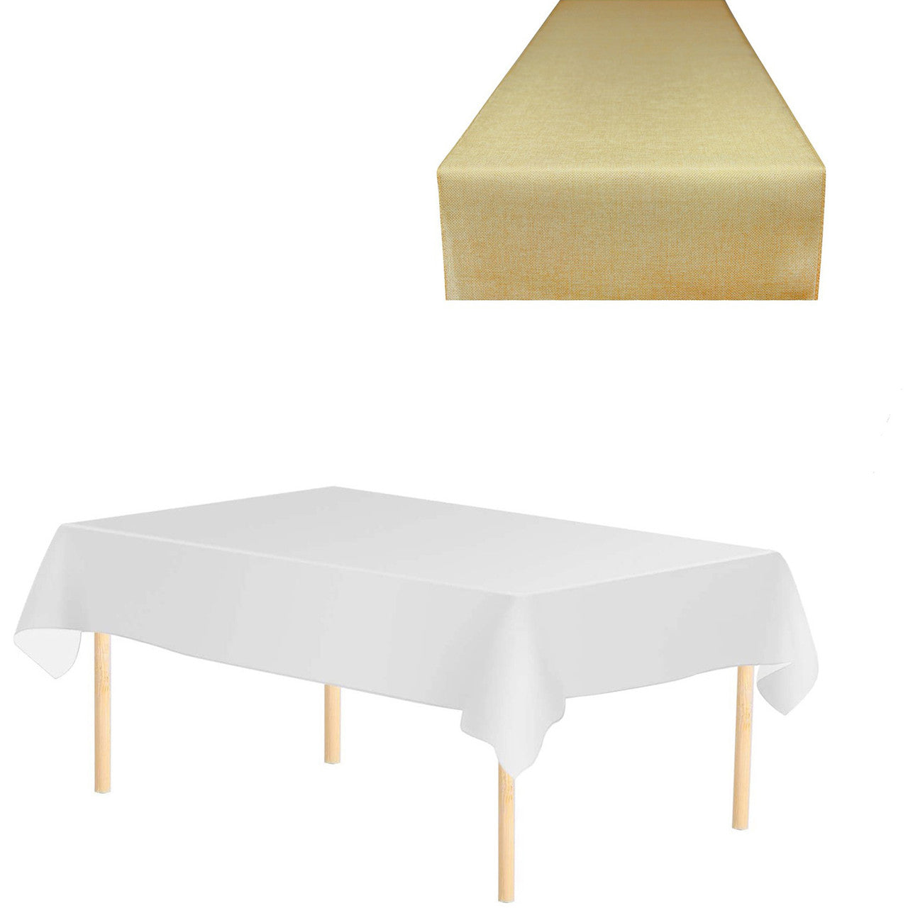 Plastic Tablecloth and Hesian Table Runner Set - White & Champagne