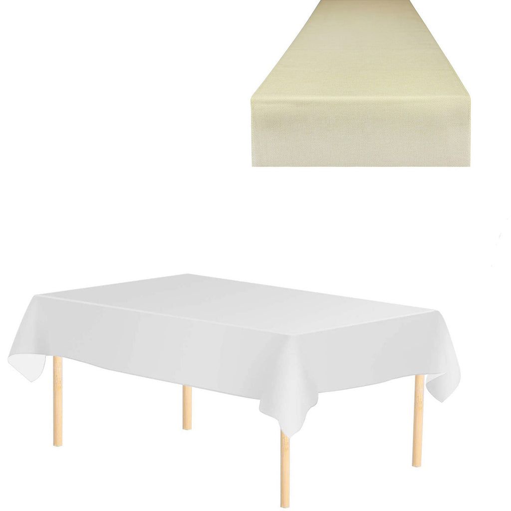 Plastic Tablecloth and Hesian Table Runner Set - White & Cream