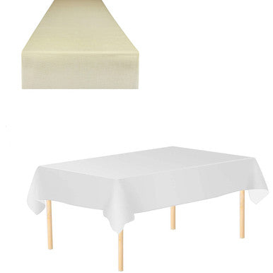 Plastic Tablecloth and Hesian Table Runner Set - White & Cream