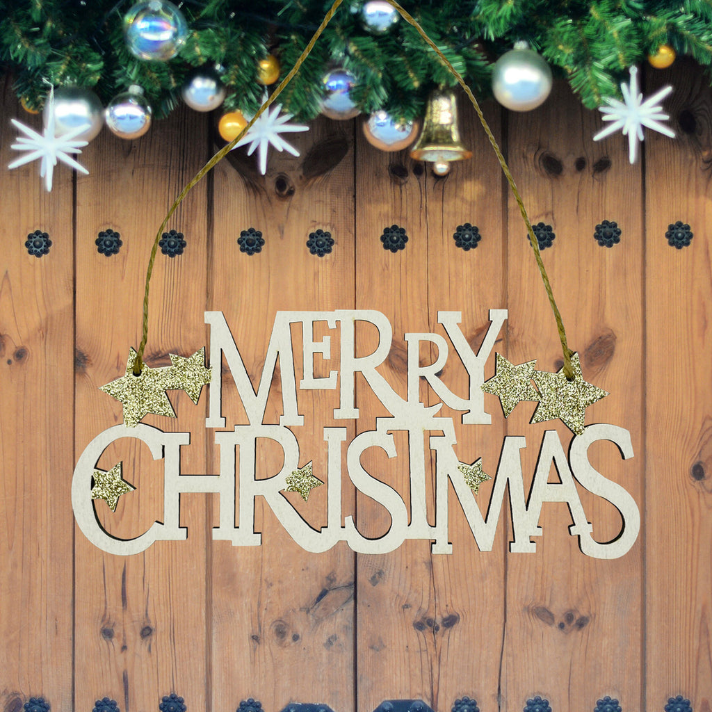 Merry Christmas Plaque Door Hanging Sign - Gold Glitter Star