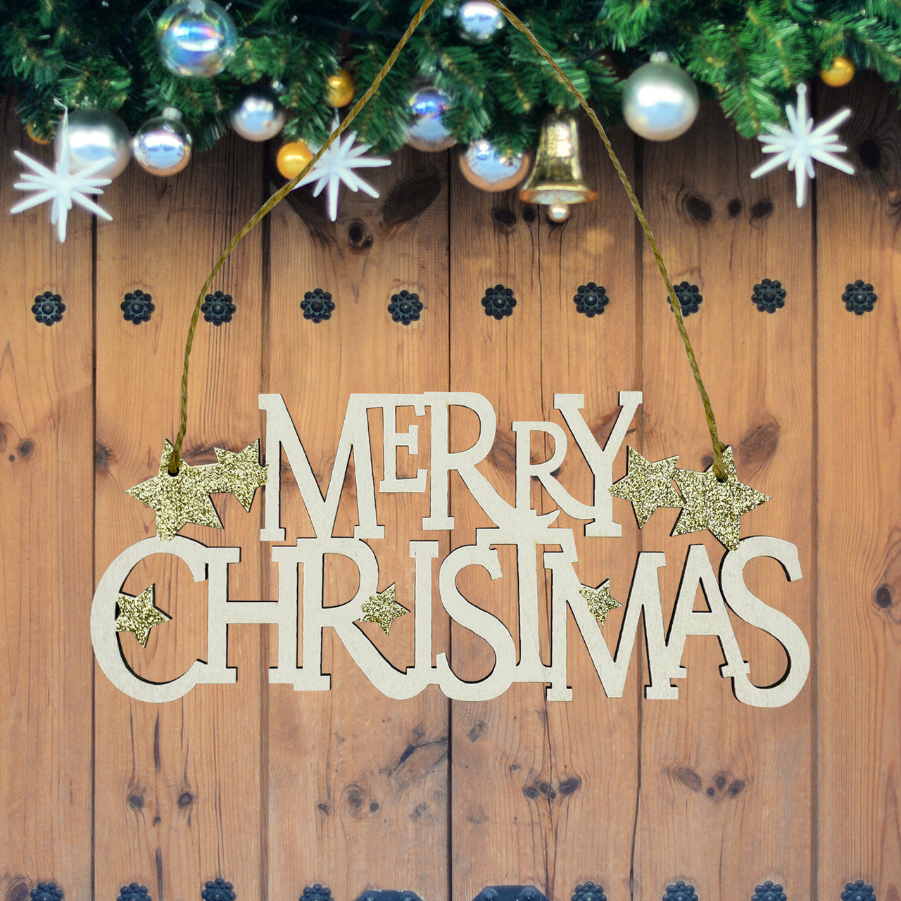 Merry Christmas Plaque Door Hanging Sign - Gold Glitter Star