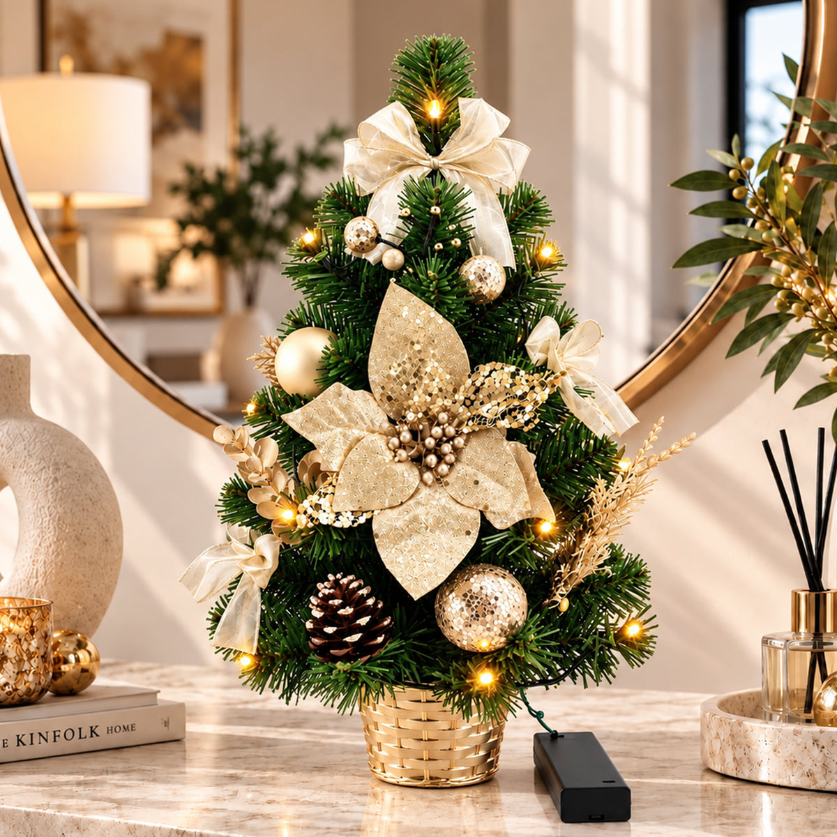 Decorated Table Top Christmas Tree with Red or Gold Poinsettia & LED Lights