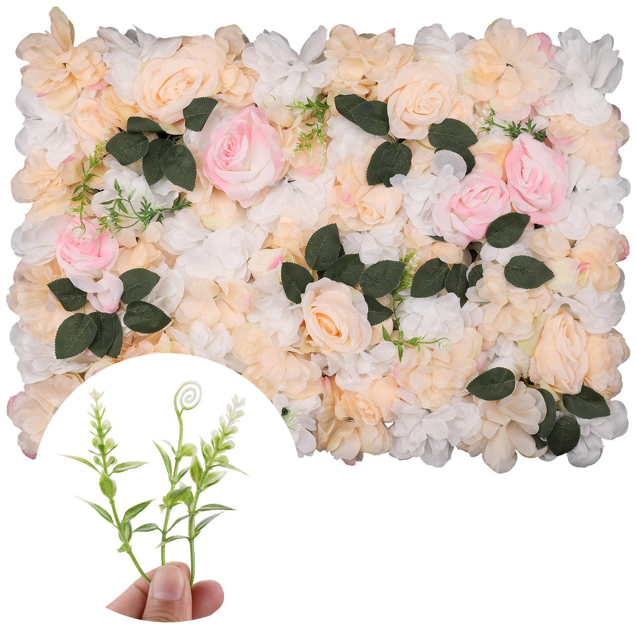 Hydrangea Artificial Flower Wall Panel 60cm x 40cm - Pastella & Poma Roses with Green Leaves x 12