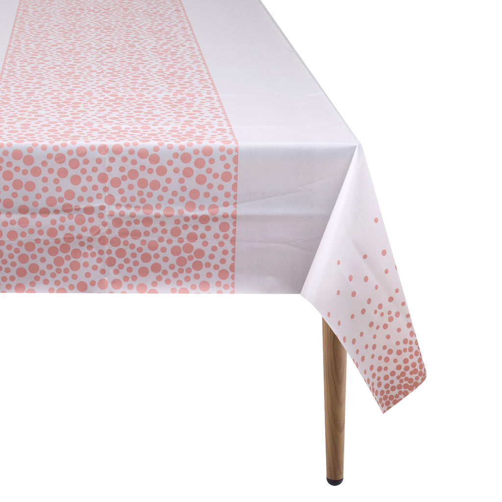 Rectangular Plastic Disposable Tablecloth - White - Rose Gold Polka Dot Print