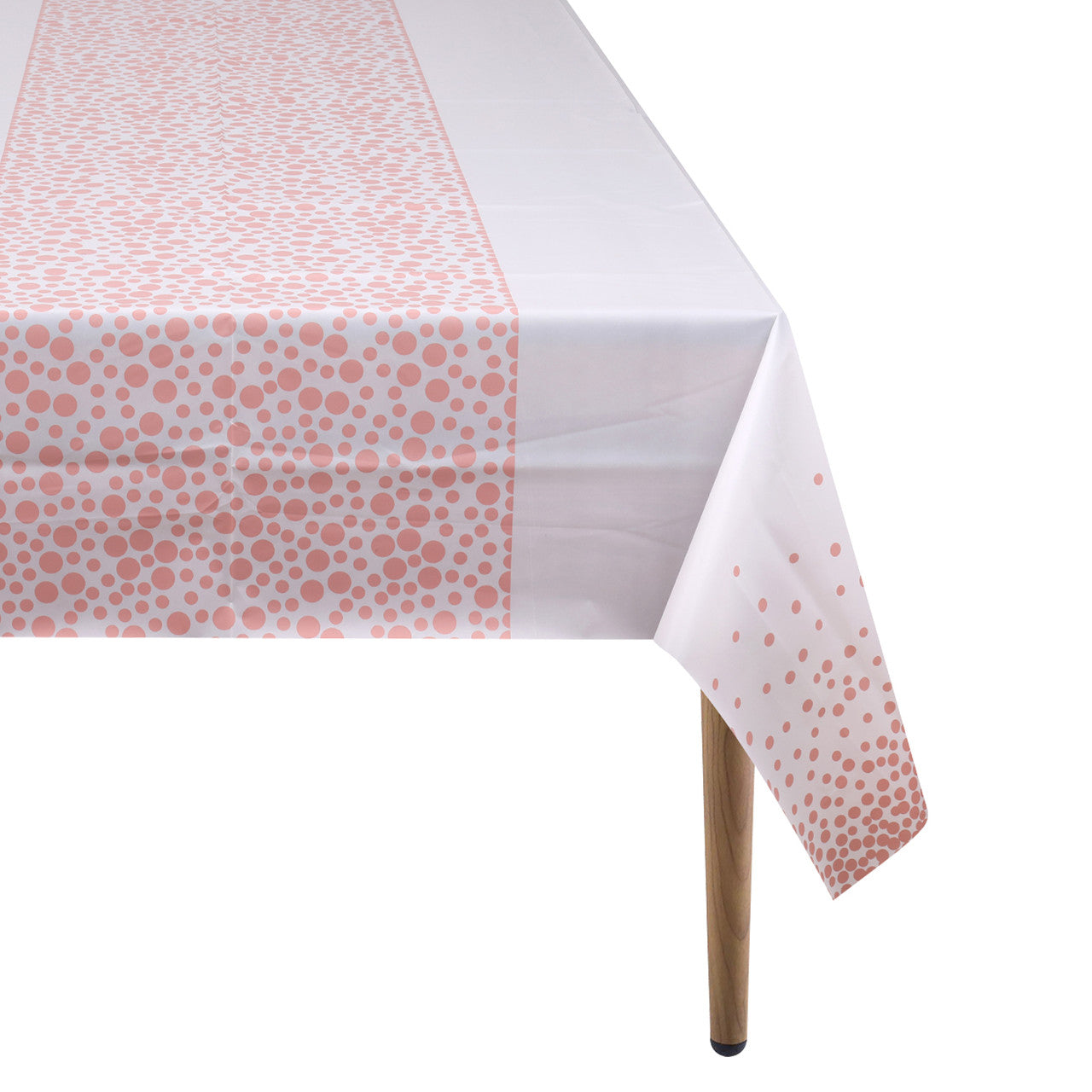 Rectangular Plastic Disposable Tablecloth - White - Rose Gold Polka Dot Print