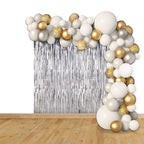 Balloon Arch, Foil Curtain & Balloon Ribbon Set - Silver, White & Gold (123pcs)