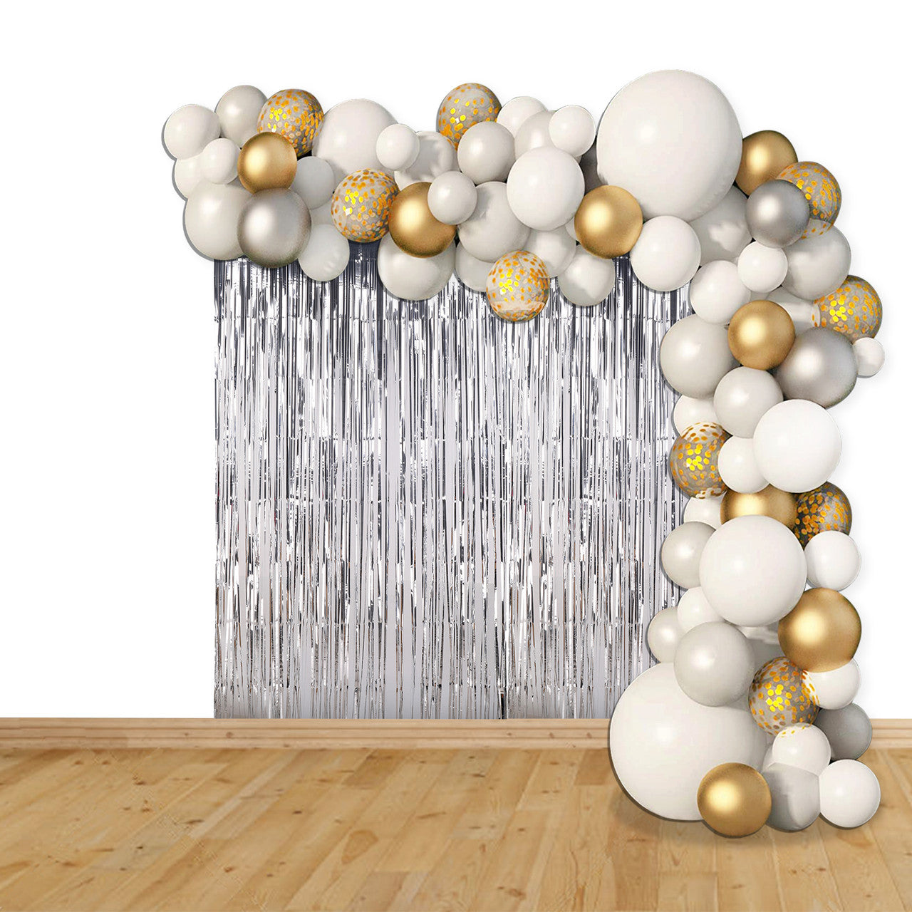 Balloon Arch, Foil Curtain & Balloon Ribbon Set - Silver, White & Gold (123pcs)
