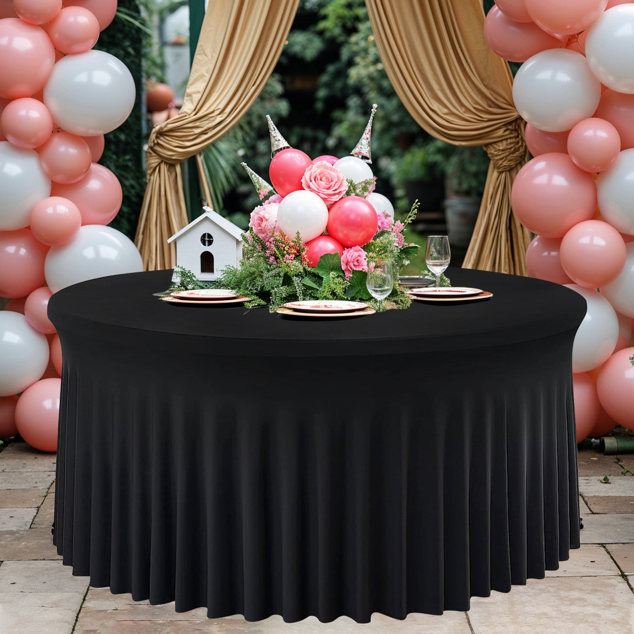 60" Round Spandex Tablecloth with Skirt - Black