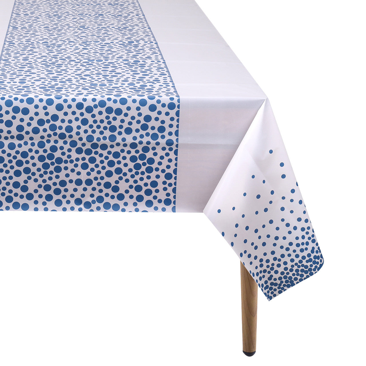 Rectangular Plastic Disposable Tablecloth - White - Sky Blue Polka Dot Print