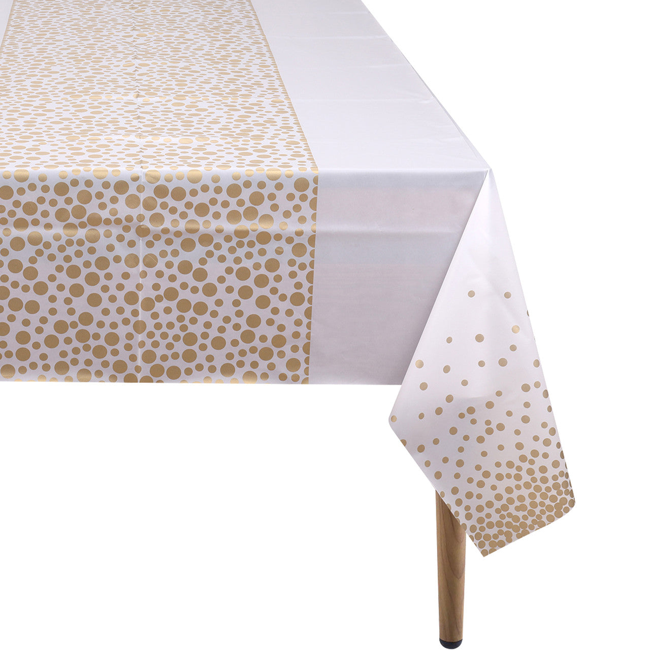 Rectangular Plastic Disposable Tablecloth - White - Gold Polka Dot Print