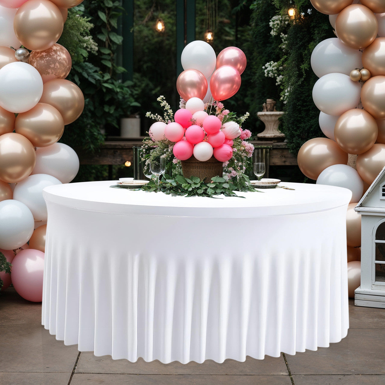 60" Round Spandex Tablecloth with Skirt - White