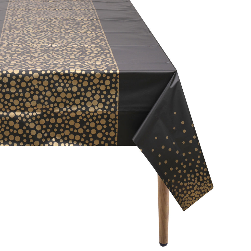 Rectangular Plastic Disposable Tablecloth - Black - Gold Polka Dot Print