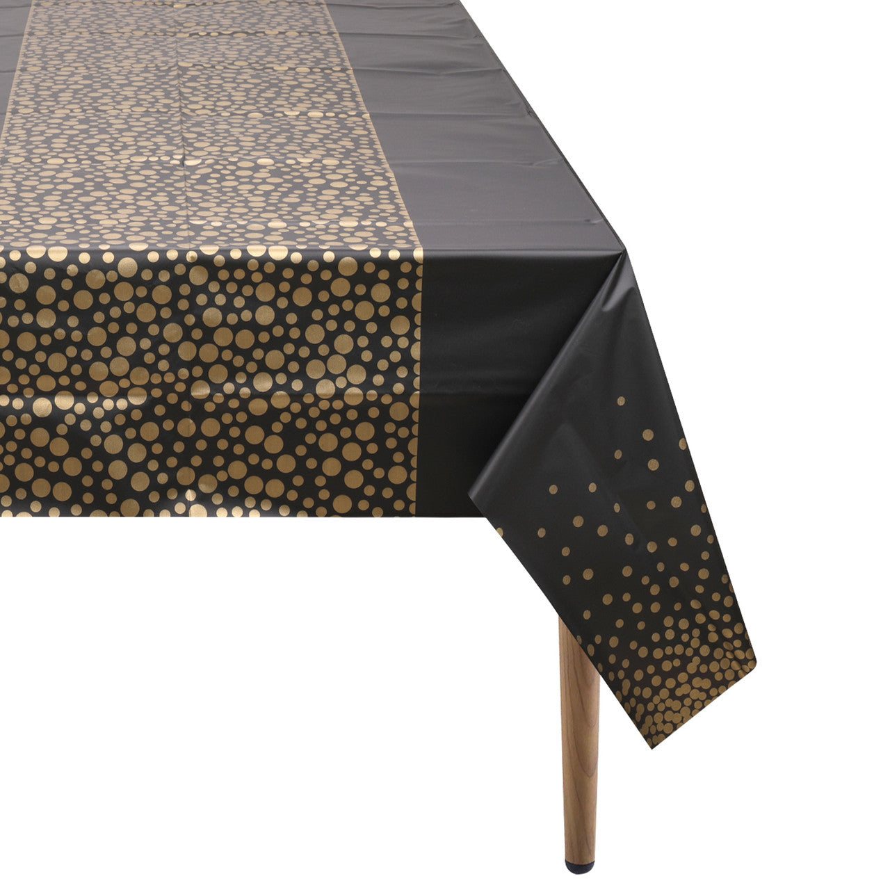 Rectangular Plastic Disposable Tablecloth - Black - Gold Polka Dot Print