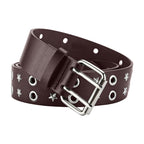 Brown Double Grommet & Star Stud PU Leather Waist Belt