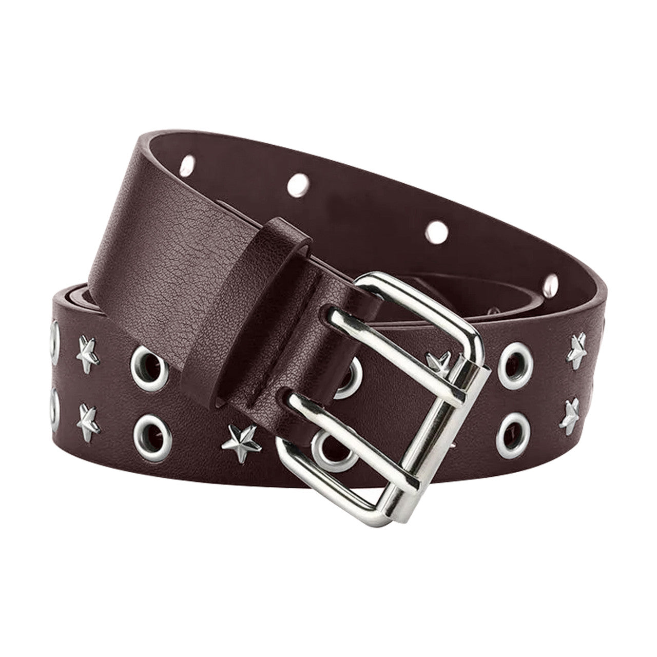 Brown Double Grommet & Star Stud PU Leather Waist Belt