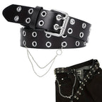 Black Double Grommet PU Leather Waist Belt with Chain