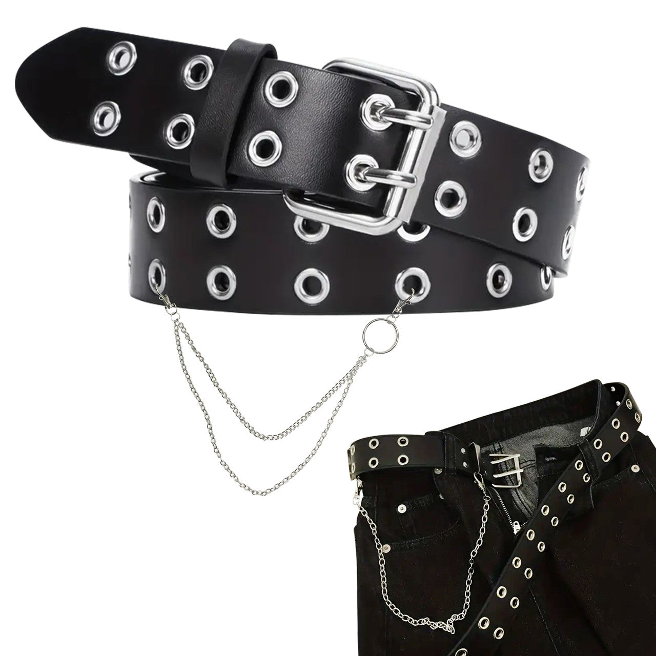 Black Double Grommet PU Leather Waist Belt with Chain