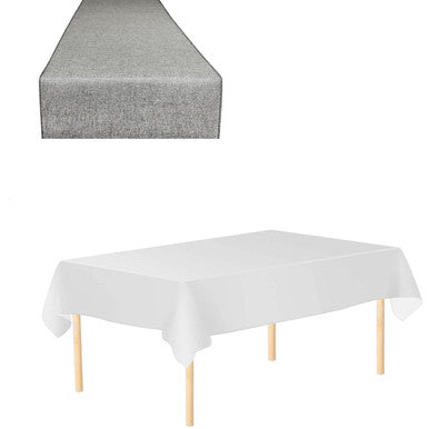 Plastic Table Cloth And Grey Hessian Runner Set - 2pcs