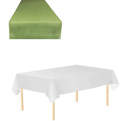 Plastic Table Cloth And Sage Green Hessian Runner Set  - 2Pcs