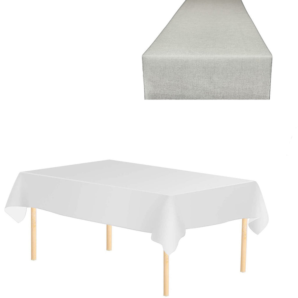 Plastic Tablecloth and Hesian Table Runner Set - White & Silver